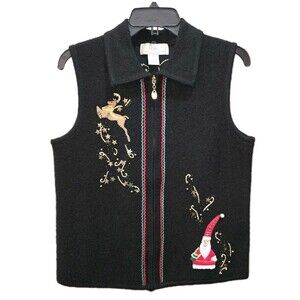 LISA INTERNATIONAL Sz M 100% Boiled Wool Full Zip Santa Reindeer Christmas Vest